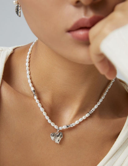 Heart Stitch Silver Pearl Necklace and Earrings Set