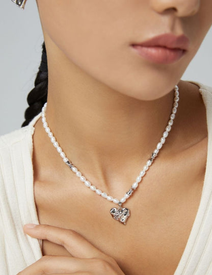 Heart Stitch Silver Pearl Necklace and Earrings Set