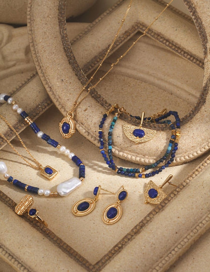 Lapis and Pearl Silver Jewelry Set (Necklace & Earrings)