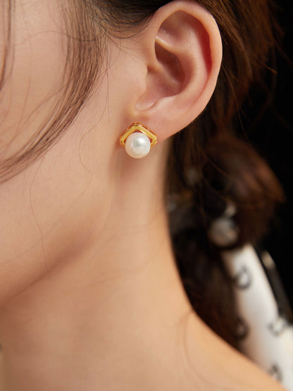 Geometric Pearl Stud Earrings