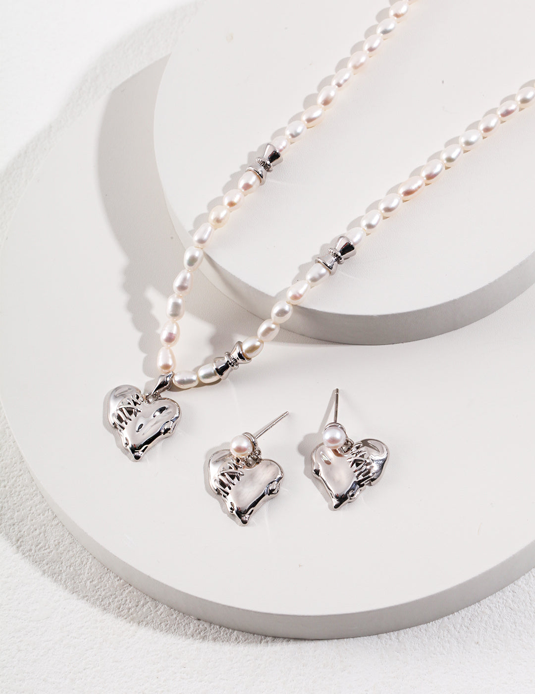 Heart Stitch Silver Pearl Necklace and Earrings Set