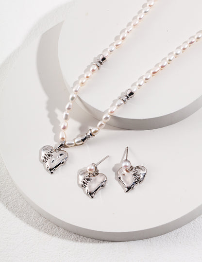 Heart Stitch Silver Pearl Necklace and Earrings Set