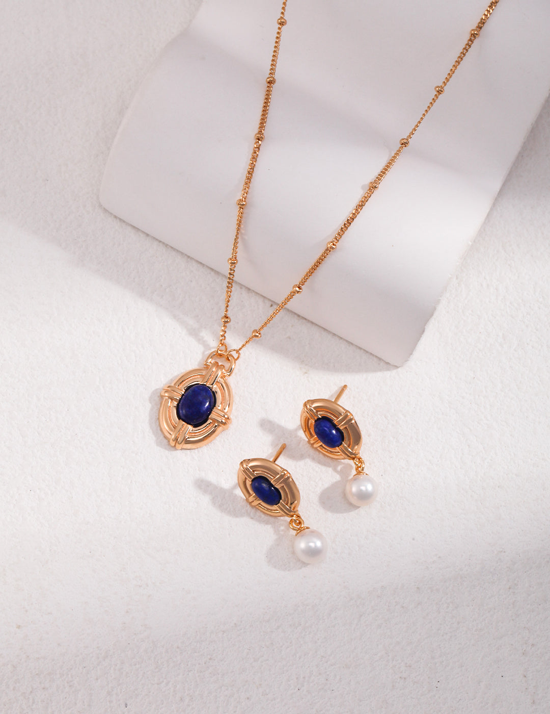 Lapis and Pearl Silver Jewelry Set (Necklace & Earrings)