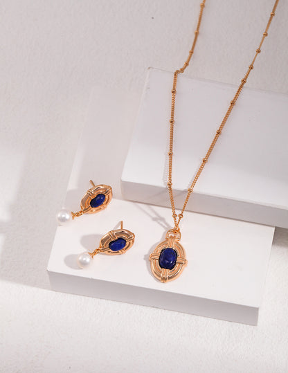 Lapis and Pearl Silver Jewelry Set (Necklace & Earrings)