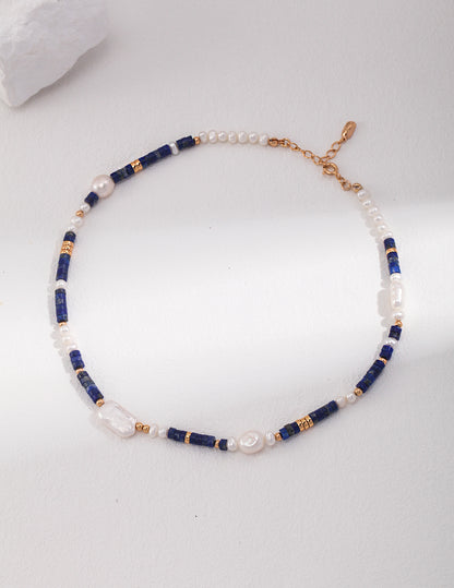 Midnight Blue Lapis Lazuli and Pearl Silver Necklace