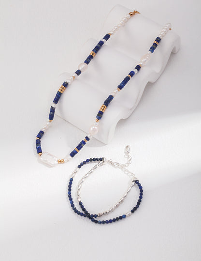 Midnight Blue Lapis Lazuli and Pearl Silver Necklace