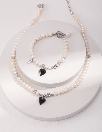 French-Style Heart Pearl Necklace and Bracelet Set