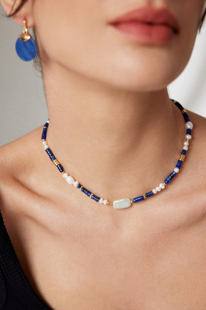 Midnight Blue Lapis Lazuli and Pearl Silver Necklace