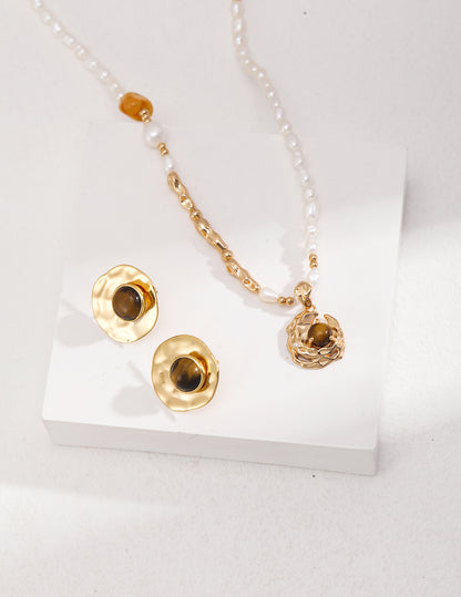 Tropical Tiger Eye and Pearl Necklace