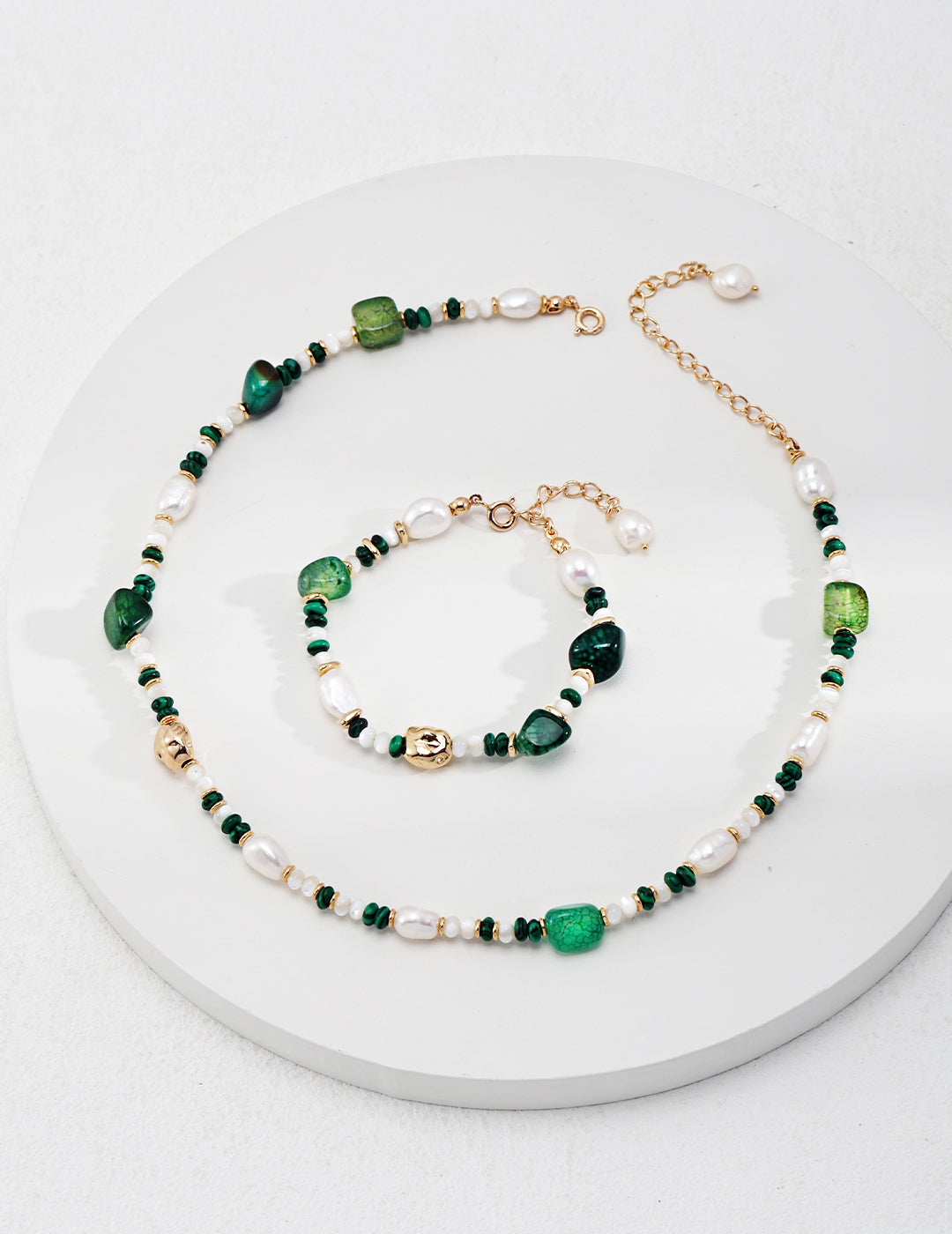 Exotic Silver Pearl and Malachite Necklace & Bracelet Set