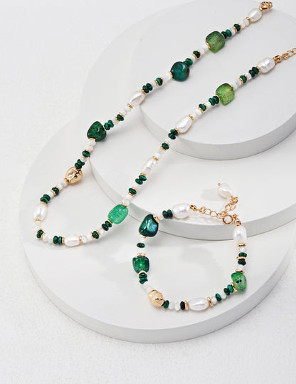 Exotic Silver Pearl and Malachite Necklace & Bracelet Set