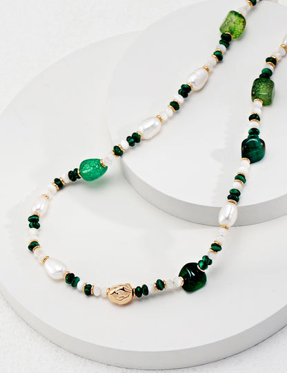 Exotic Silver Pearl and Malachite Necklace & Bracelet Set