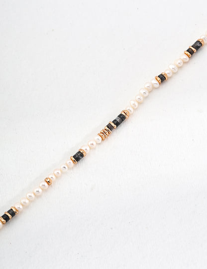 Silver Pearl and Black Flash Stone Necklace