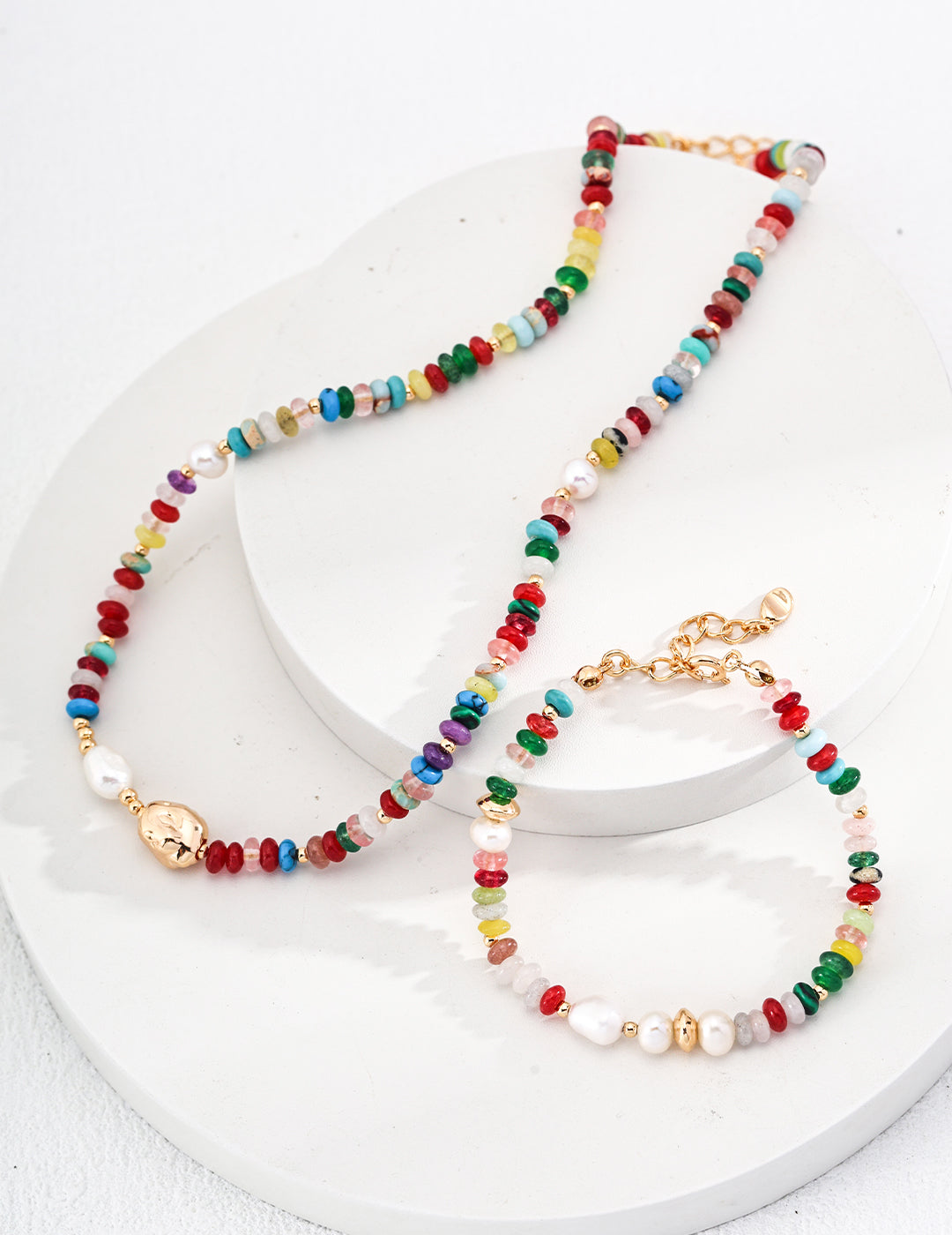 Dopamine Pearl and Colorful Gemstone Silver Necklace & Earrings