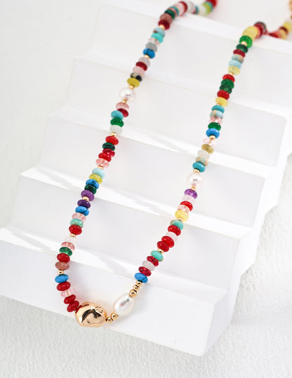 Dopamine Pearl and Colorful Gemstone Silver Necklace & Earrings