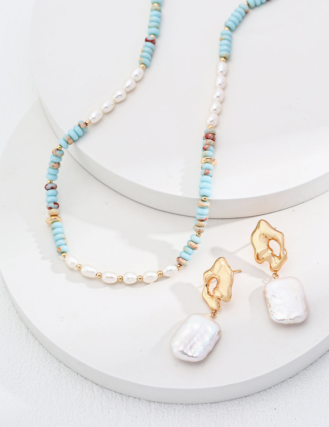 Fresh Pearl and Blue Stone Silver Necklace